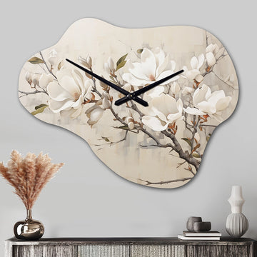 Beige Dreamy Magnolias Blooms I - Asymmetric Metal Wall Clock